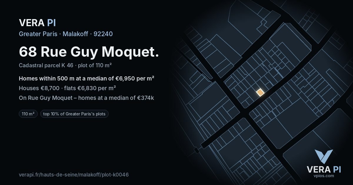 68 Rue Guy Moquet, Malakoff at night – the plot lit, the parcels around coloured by the prices near them