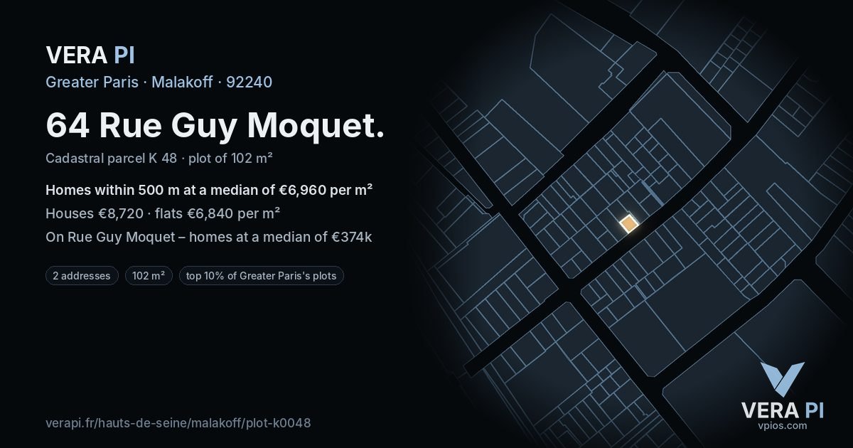 64 Rue Guy Moquet, Malakoff at night – the plot lit, the parcels around coloured by the prices near them