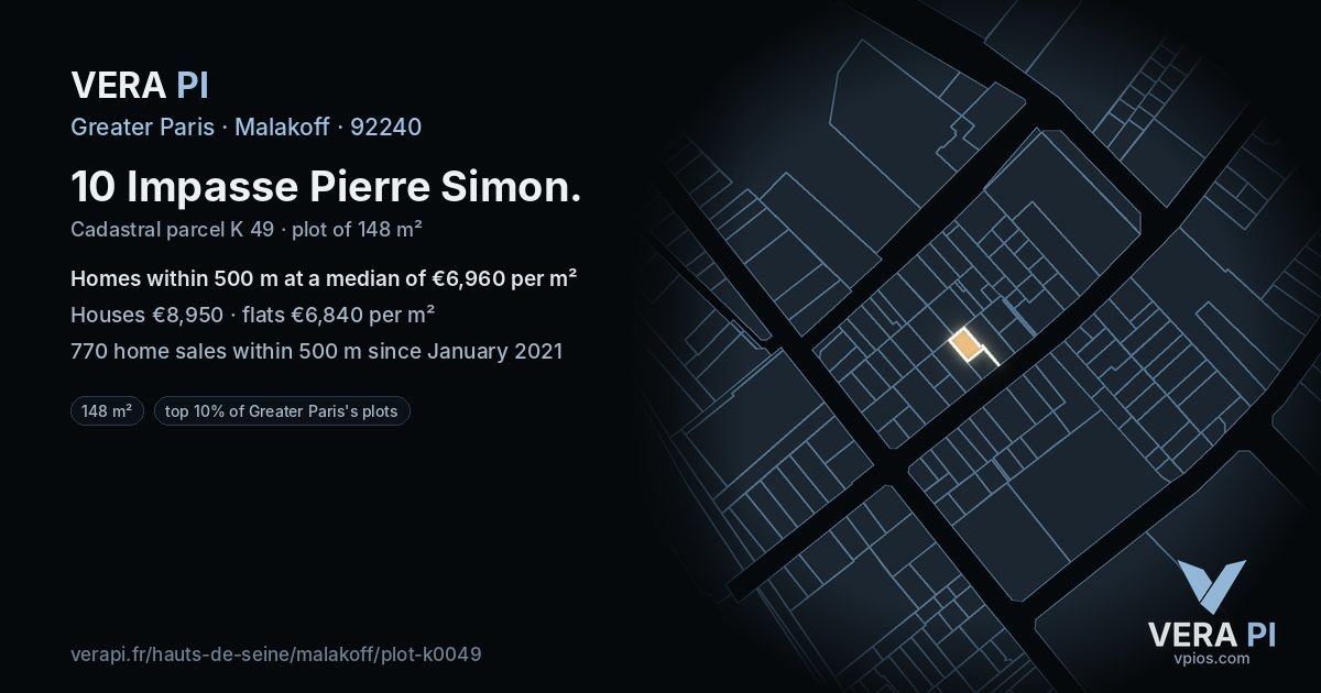 10 Impasse Pierre Simon, Malakoff at night – the plot lit, the parcels around coloured by the prices near them