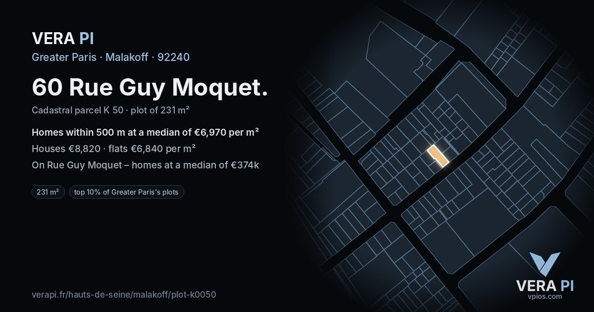 60 Rue Guy Moquet, Malakoff at night – the plot lit, the parcels around coloured by the prices near them