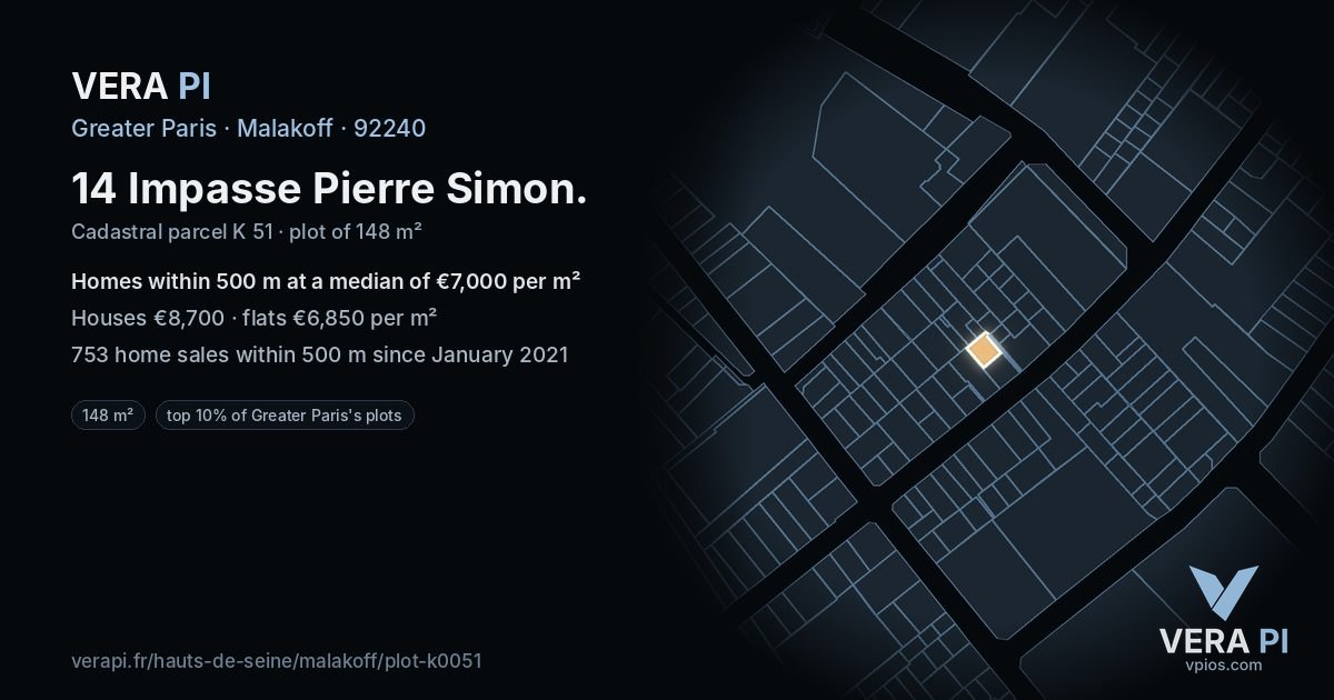 14 Impasse Pierre Simon, Malakoff at night – the plot lit, the parcels around coloured by the prices near them
