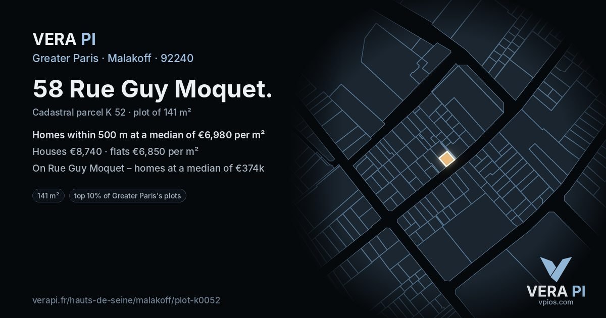 58 Rue Guy Moquet, Malakoff at night – the plot lit, the parcels around coloured by the prices near them