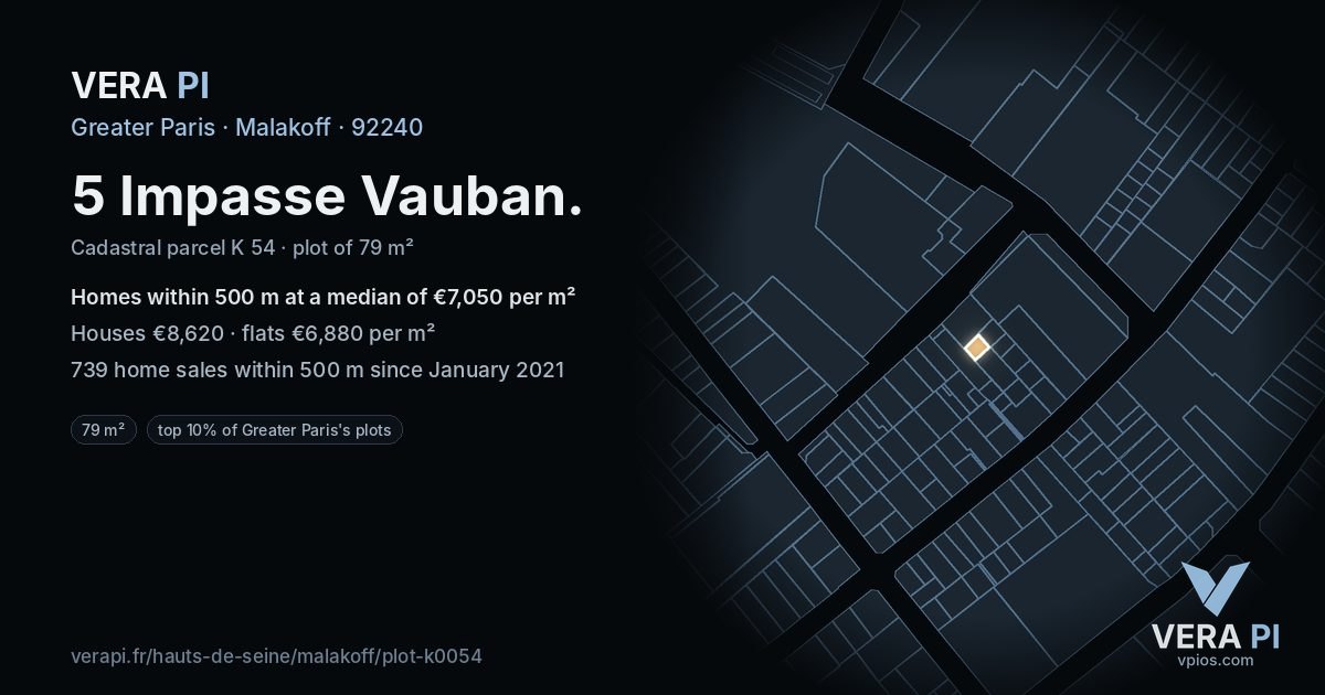5 Impasse Vauban, Malakoff at night – the plot lit, the parcels around coloured by the prices near them