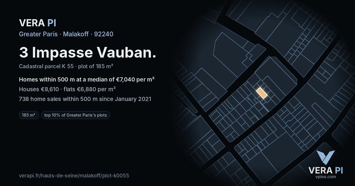 3 Impasse Vauban, Malakoff at night – the plot lit, the parcels around coloured by the prices near them