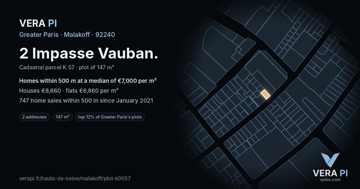 2 Impasse Vauban, Malakoff at night – the plot lit, the parcels around coloured by the prices near them