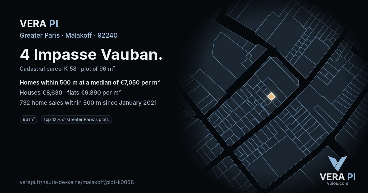 4 Impasse Vauban, Malakoff at night – the plot lit, the parcels around coloured by the prices near them