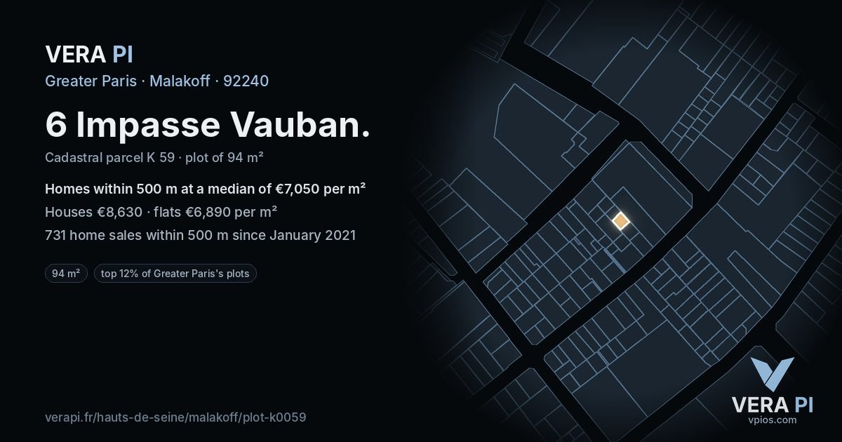6 Impasse Vauban, Malakoff at night – the plot lit, the parcels around coloured by the prices near them