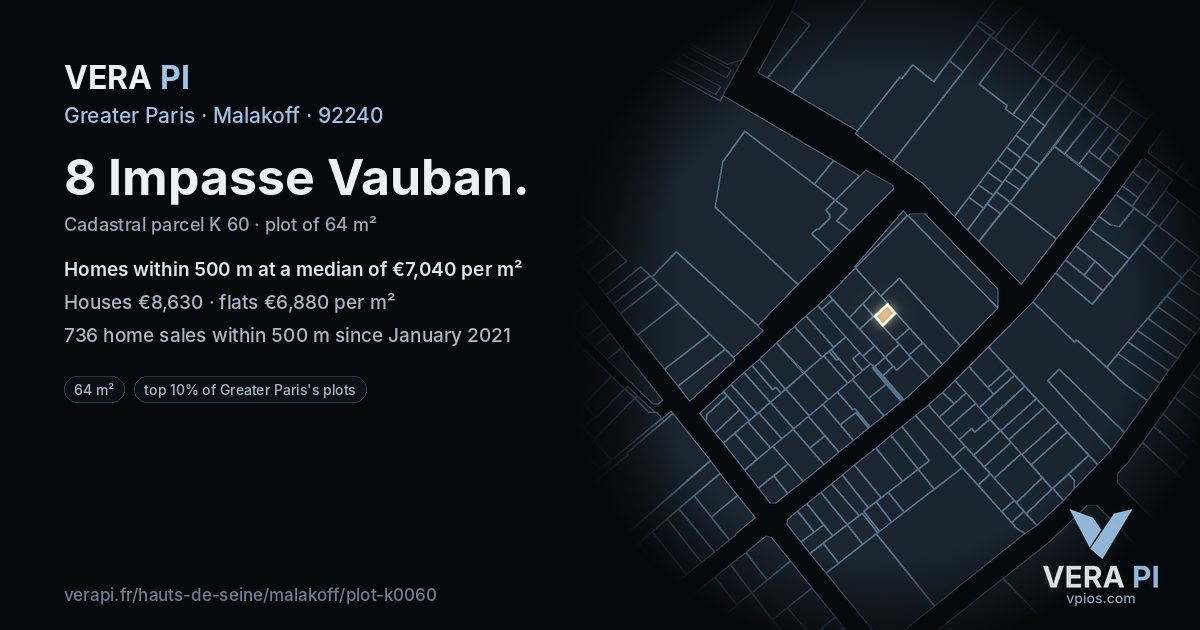 8 Impasse Vauban, Malakoff at night – the plot lit, the parcels around coloured by the prices near them