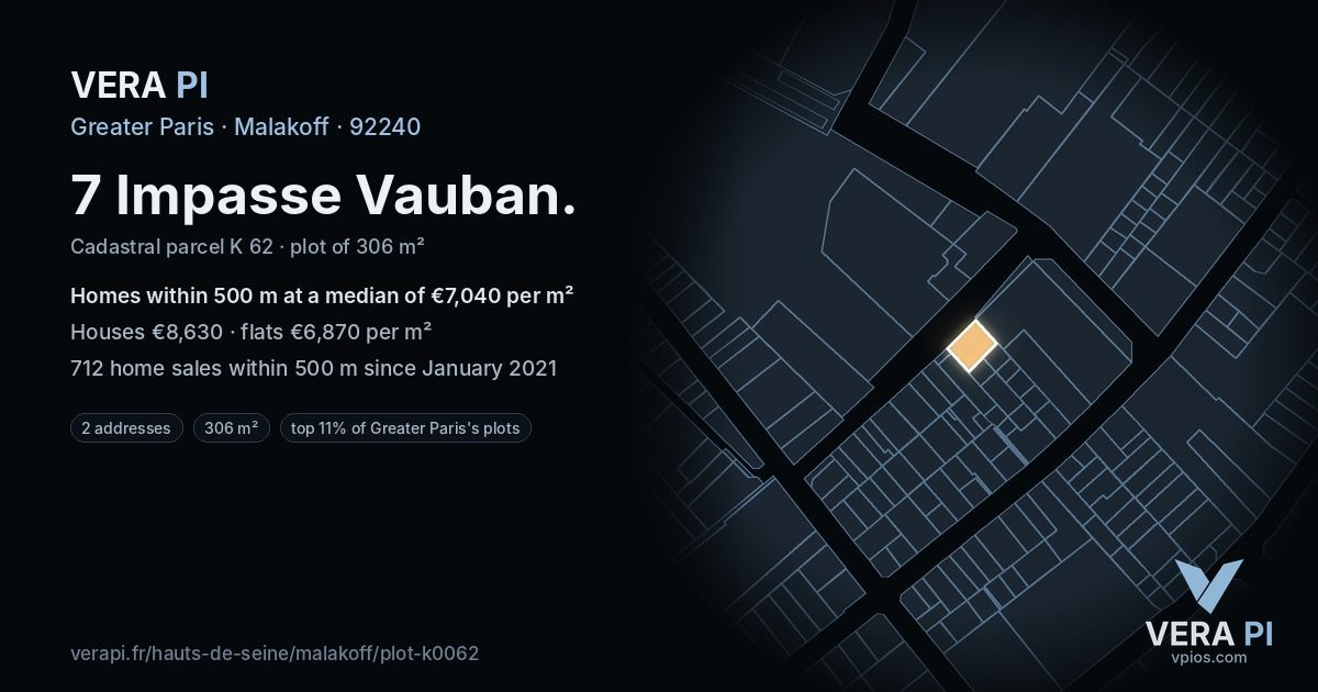 7 Impasse Vauban, Malakoff at night – the plot lit, the parcels around coloured by the prices near them