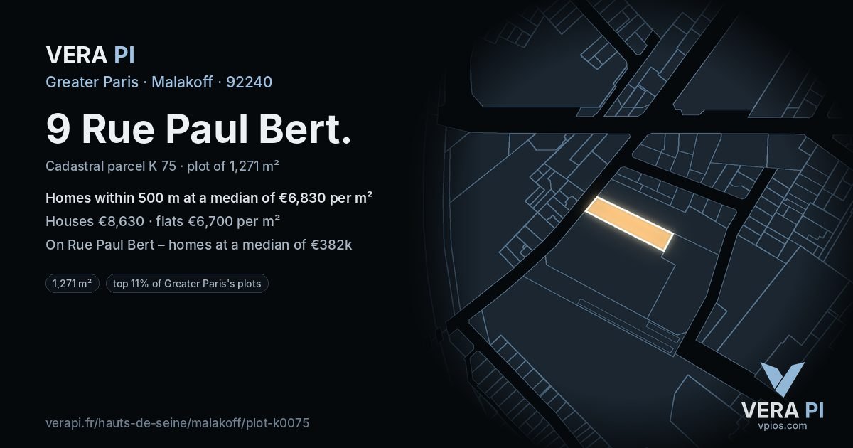 9 Rue Paul Bert, Malakoff at night – the plot lit, the parcels around coloured by the prices near them