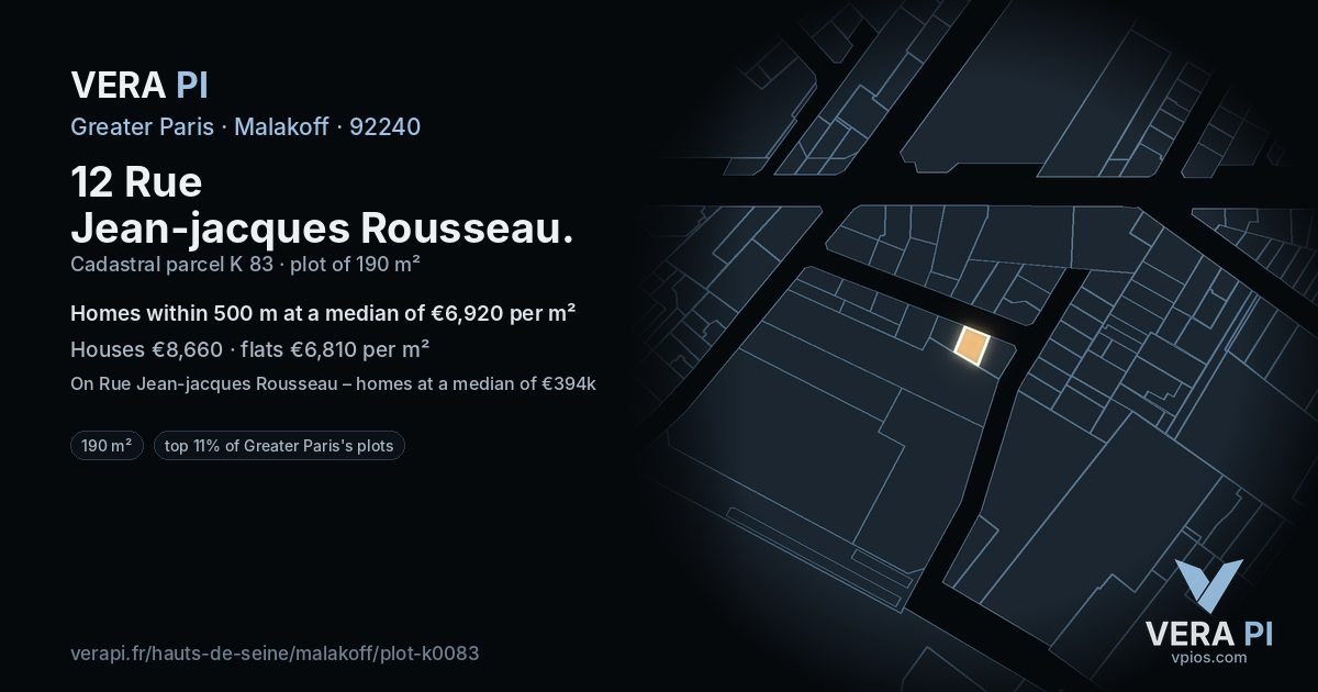 12 Rue Jean-jacques Rousseau, Malakoff at night – the plot lit, the parcels around coloured by the prices near them
