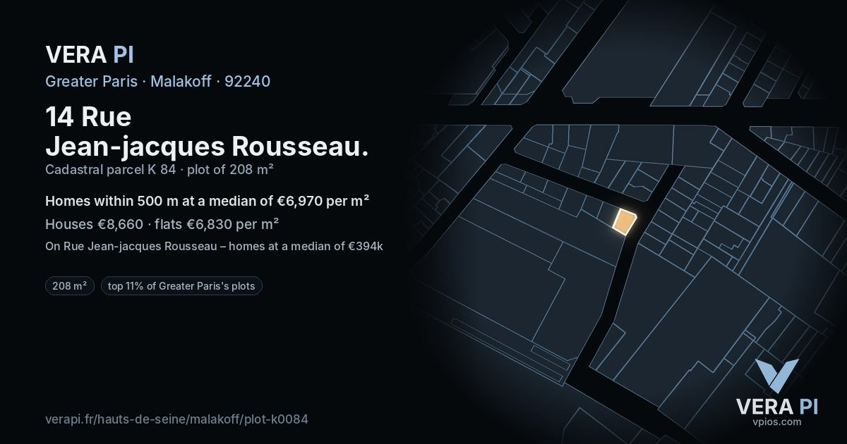 14 Rue Jean-jacques Rousseau, Malakoff at night – the plot lit, the parcels around coloured by the prices near them
