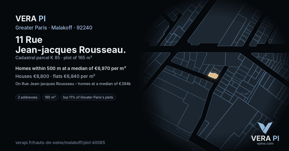 11 Rue Jean-jacques Rousseau, Malakoff at night – the plot lit, the parcels around coloured by the prices near them