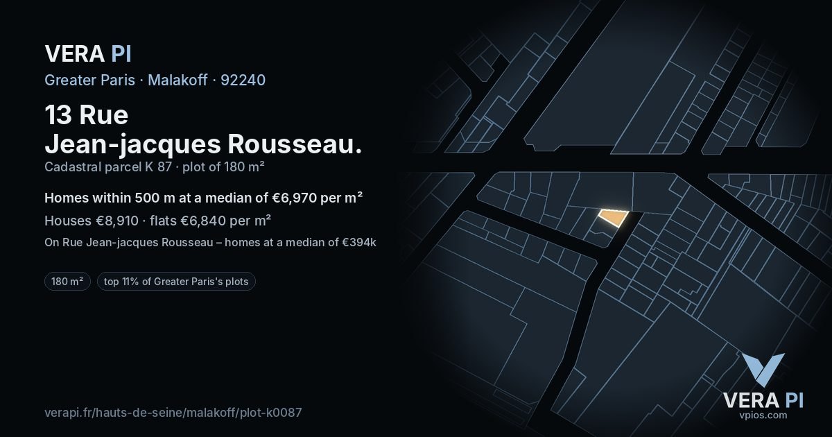 13 Rue Jean-jacques Rousseau, Malakoff at night – the plot lit, the parcels around coloured by the prices near them