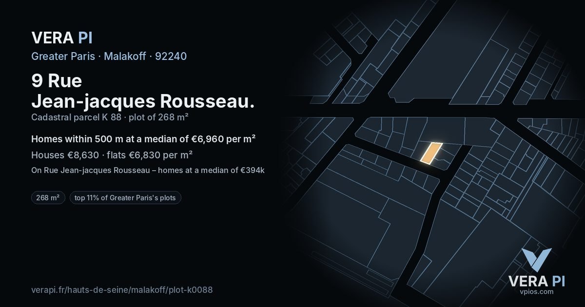 9 Rue Jean-jacques Rousseau, Malakoff at night – the plot lit, the parcels around coloured by the prices near them