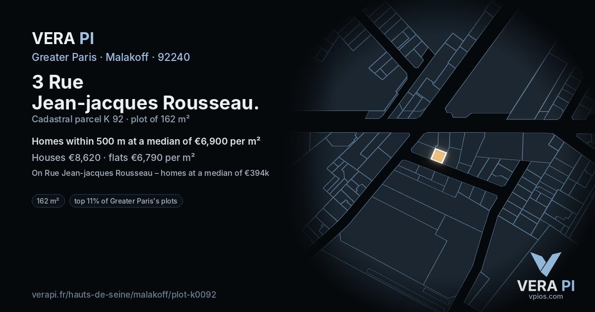 3 Rue Jean-jacques Rousseau, Malakoff at night – the plot lit, the parcels around coloured by the prices near them