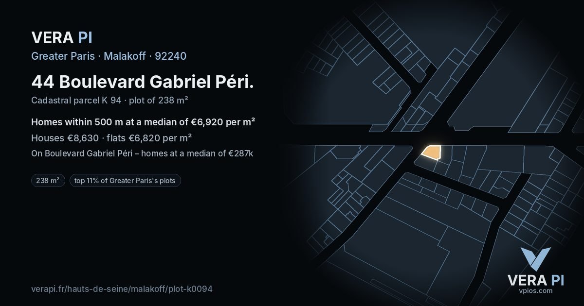 44 Boulevard Gabriel Péri, Malakoff at night – the plot lit, the parcels around coloured by the prices near them