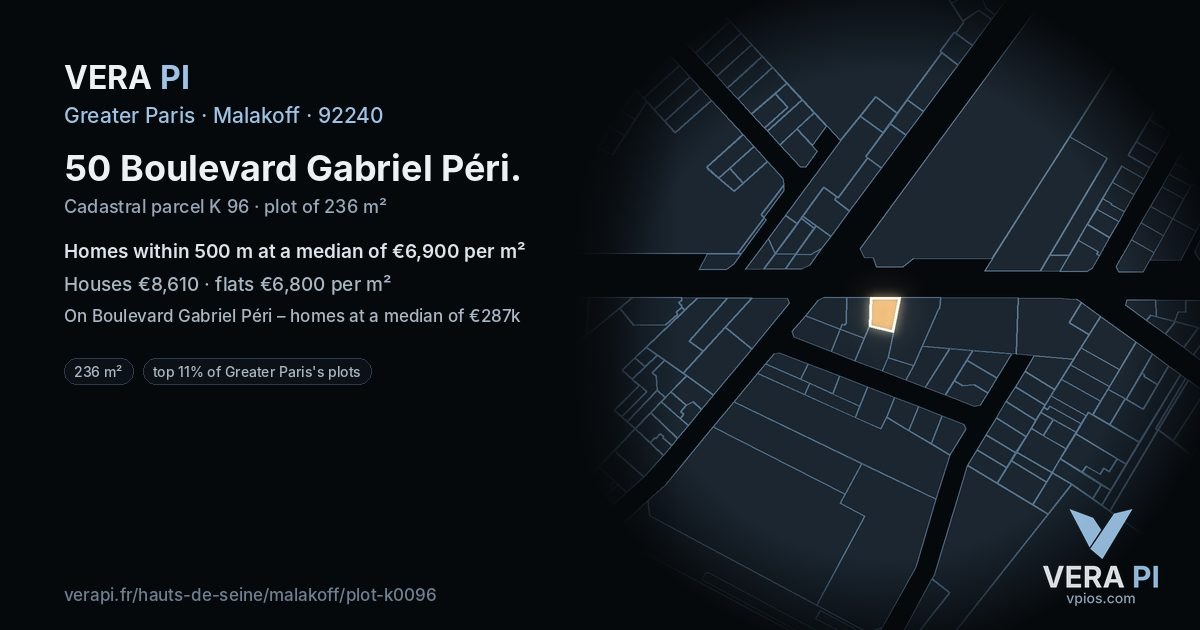 50 Boulevard Gabriel Péri, Malakoff at night – the plot lit, the parcels around coloured by the prices near them
