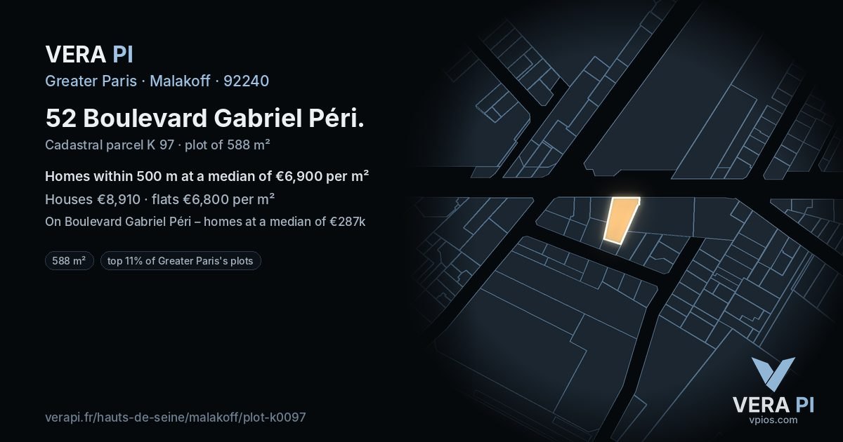 52 Boulevard Gabriel Péri, Malakoff at night – the plot lit, the parcels around coloured by the prices near them