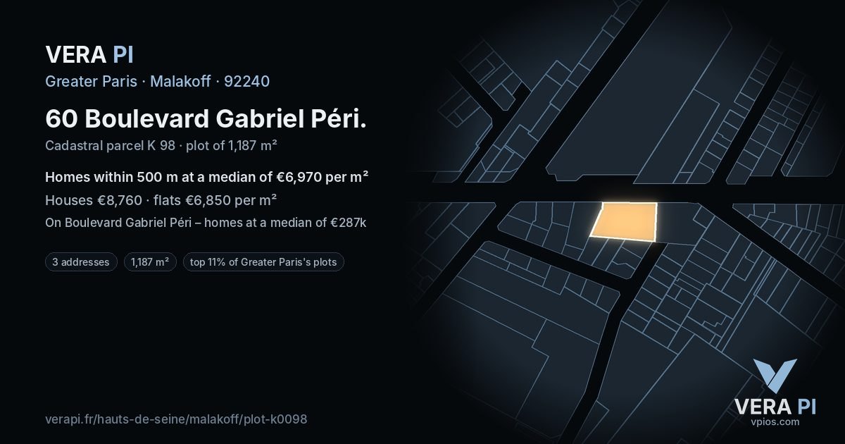 60 Boulevard Gabriel Péri, Malakoff at night – the plot lit, the parcels around coloured by the prices near them