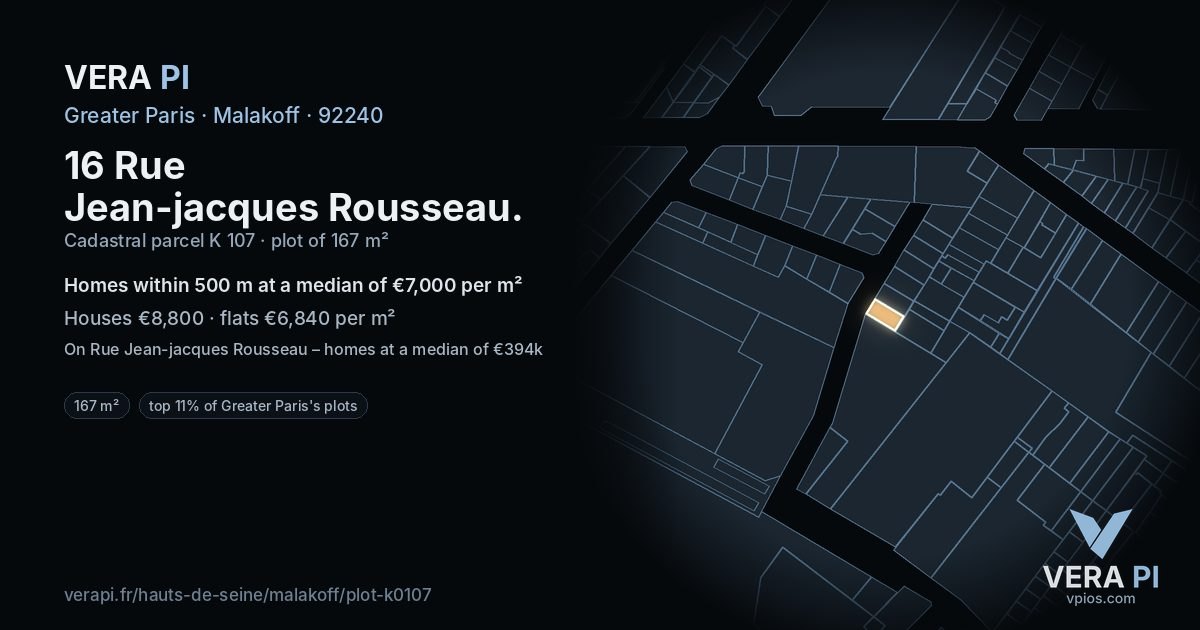 16 Rue Jean-jacques Rousseau, Malakoff at night – the plot lit, the parcels around coloured by the prices near them