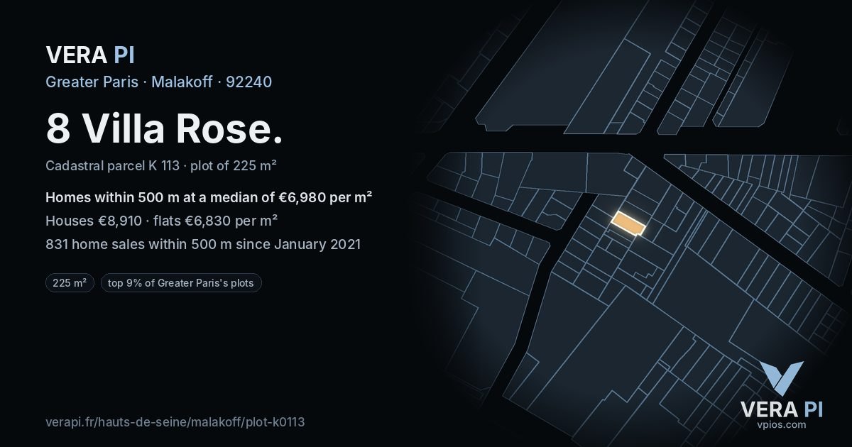 8 Villa Rose, Malakoff at night – the plot lit, the parcels around coloured by the prices near them