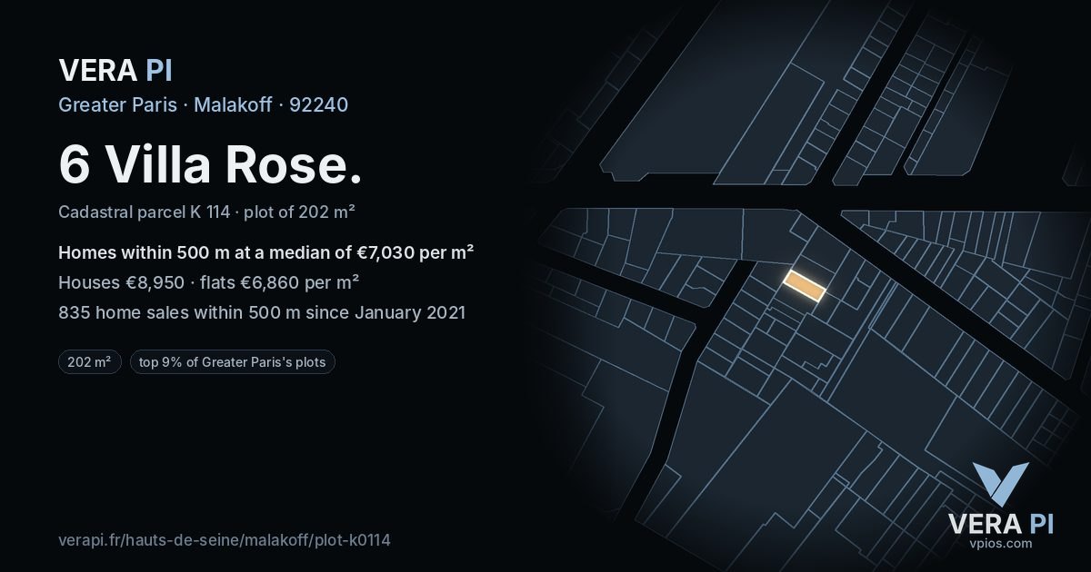 6 Villa Rose, Malakoff at night – the plot lit, the parcels around coloured by the prices near them