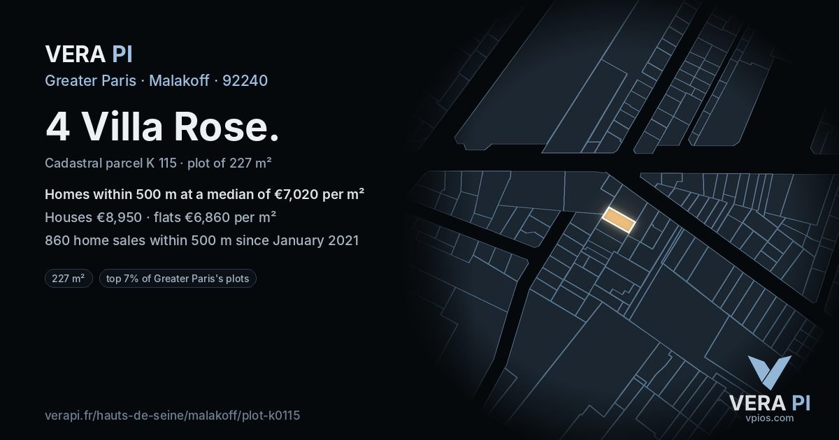 4 Villa Rose, Malakoff at night – the plot lit, the parcels around coloured by the prices near them