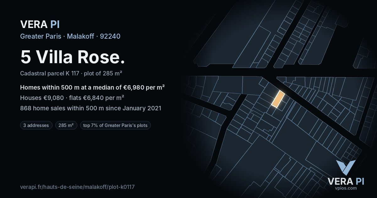 5 Villa Rose, Malakoff at night – the plot lit, the parcels around coloured by the prices near them