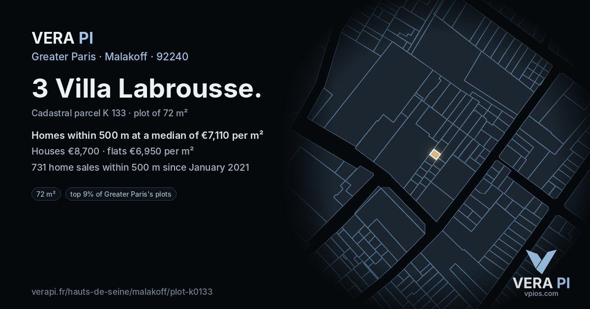 3 Villa Labrousse, Malakoff at night – the plot lit, the parcels around coloured by the prices near them