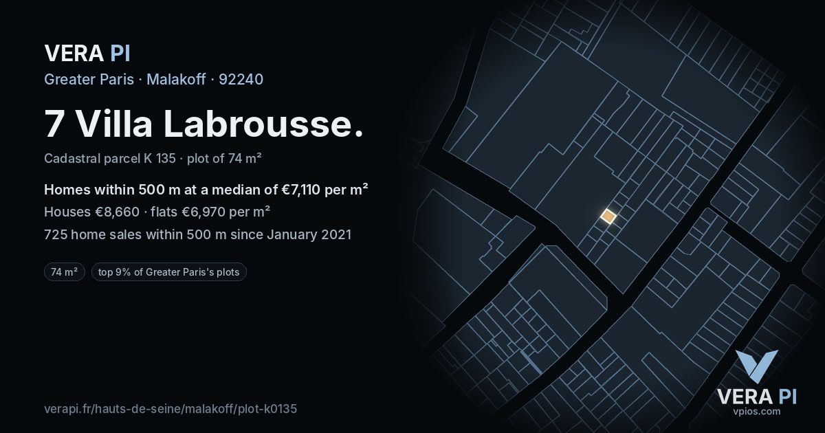 7 Villa Labrousse, Malakoff at night – the plot lit, the parcels around coloured by the prices near them