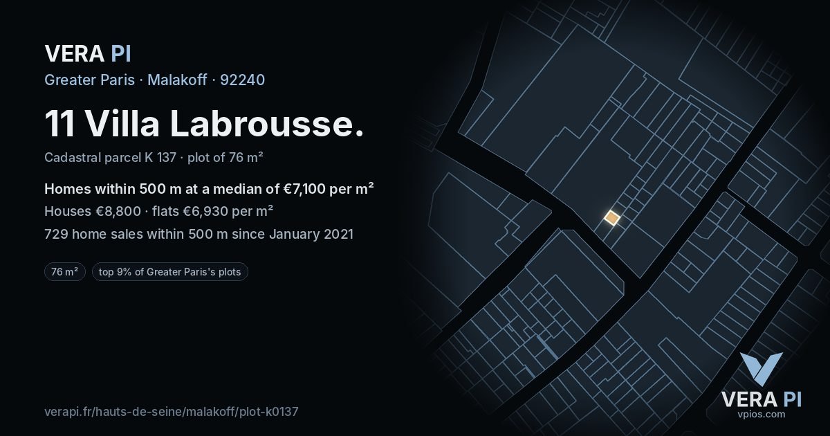 11 Villa Labrousse, Malakoff at night – the plot lit, the parcels around coloured by the prices near them