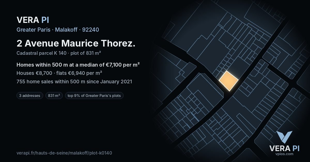 2 Avenue Maurice Thorez, Malakoff at night – the plot lit, the parcels around coloured by the prices near them