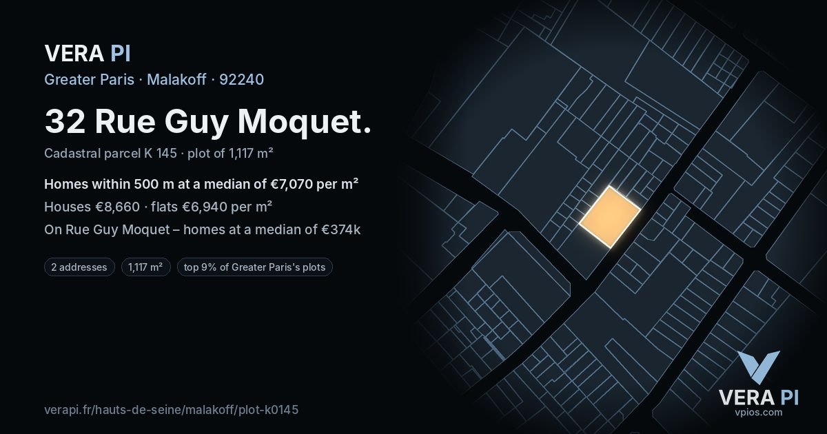 32 Rue Guy Moquet, Malakoff at night – the plot lit, the parcels around coloured by the prices near them