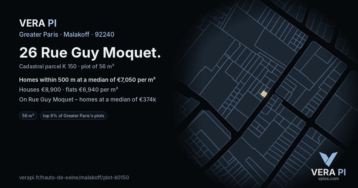 26 Rue Guy Moquet, Malakoff at night – the plot lit, the parcels around coloured by the prices near them