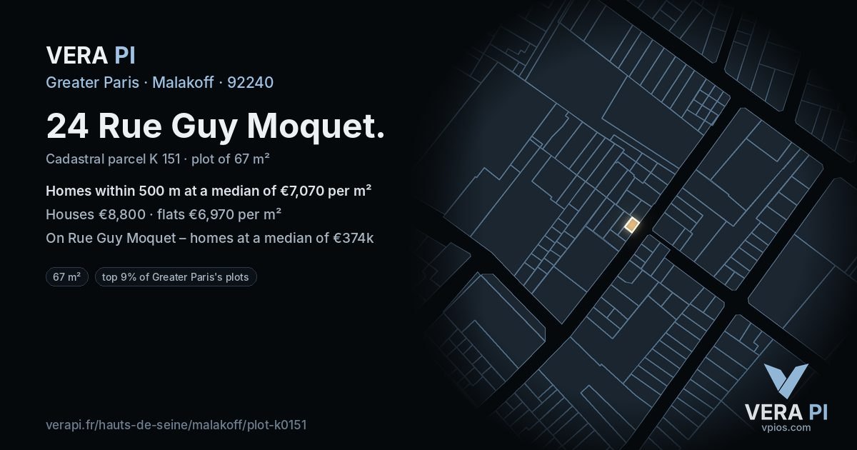 24 Rue Guy Moquet, Malakoff at night – the plot lit, the parcels around coloured by the prices near them
