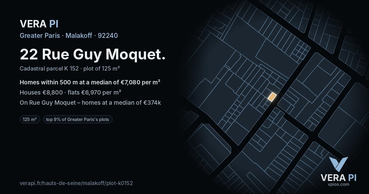 22 Rue Guy Moquet, Malakoff at night – the plot lit, the parcels around coloured by the prices near them