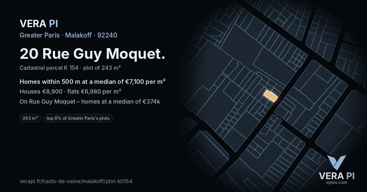 20 Rue Guy Moquet, Malakoff at night – the plot lit, the parcels around coloured by the prices near them