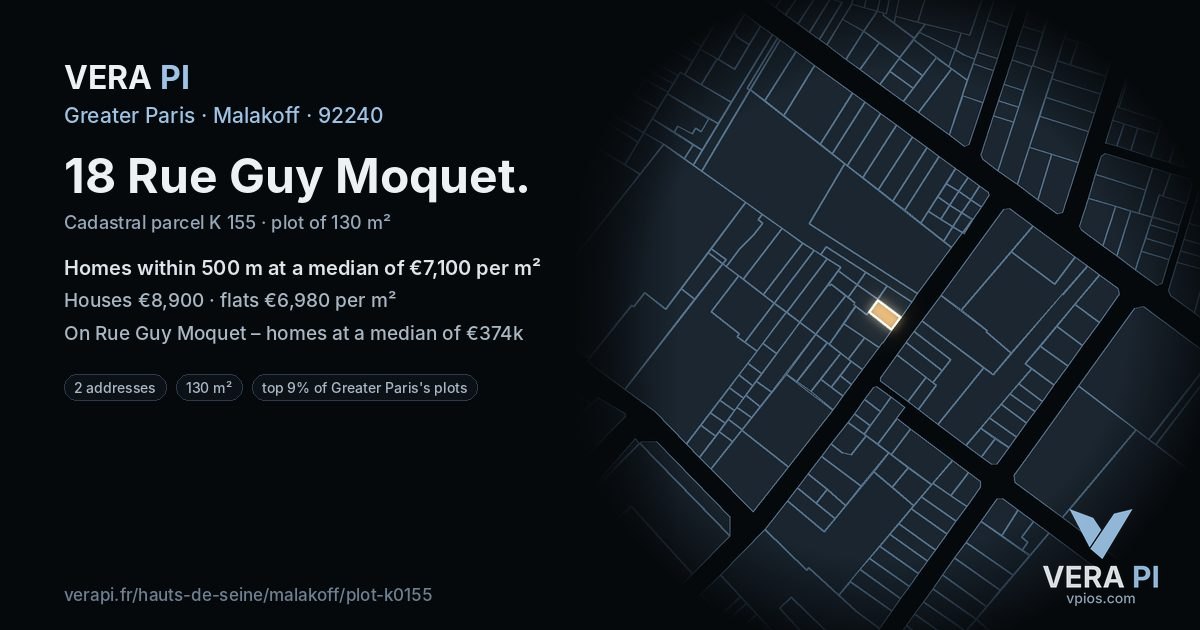 18 Rue Guy Moquet, Malakoff at night – the plot lit, the parcels around coloured by the prices near them