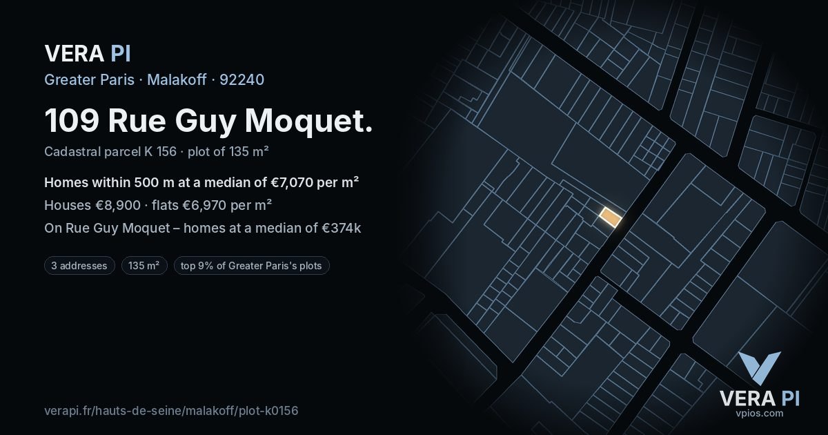 109 Rue Guy Moquet, Malakoff at night – the plot lit, the parcels around coloured by the prices near them