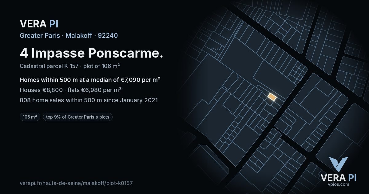 4 Impasse Ponscarme, Malakoff at night – the plot lit, the parcels around coloured by the prices near them