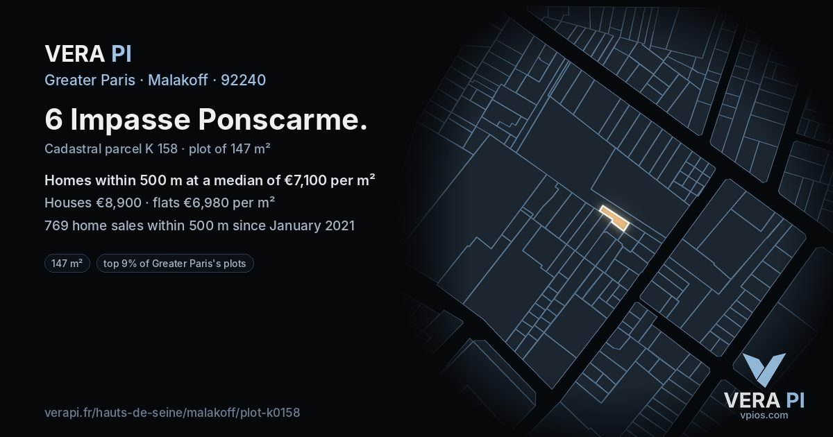 6 Impasse Ponscarme, Malakoff at night – the plot lit, the parcels around coloured by the prices near them