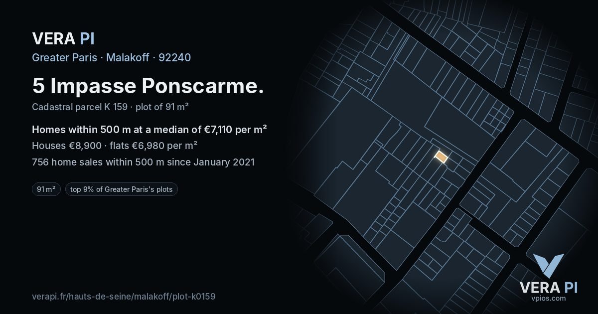 5 Impasse Ponscarme, Malakoff at night – the plot lit, the parcels around coloured by the prices near them