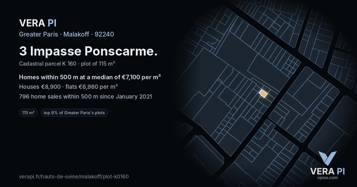 3 Impasse Ponscarme, Malakoff at night – the plot lit, the parcels around coloured by the prices near them