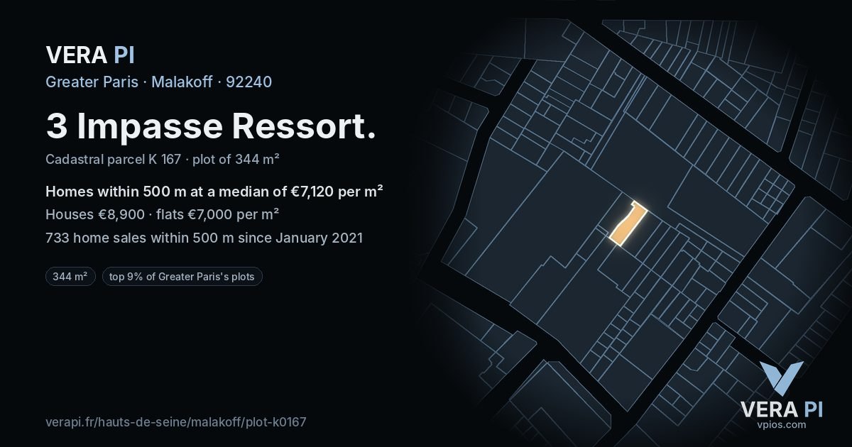 3 Impasse Ressort, Malakoff at night – the plot lit, the parcels around coloured by the prices near them