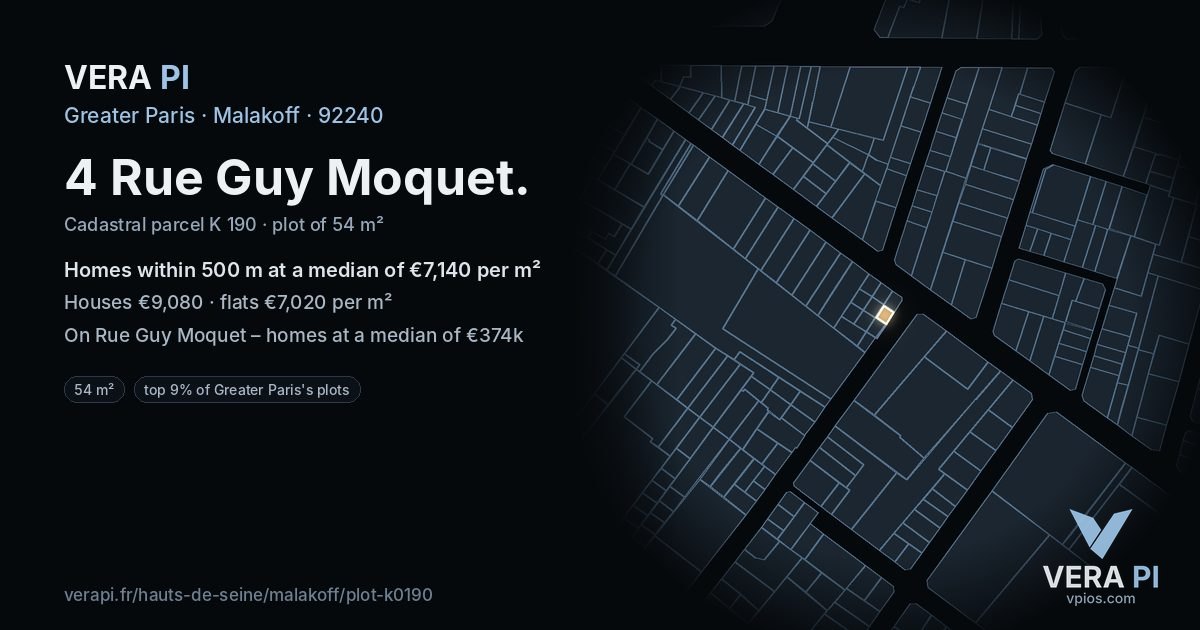 4 Rue Guy Moquet, Malakoff at night – the plot lit, the parcels around coloured by the prices near them