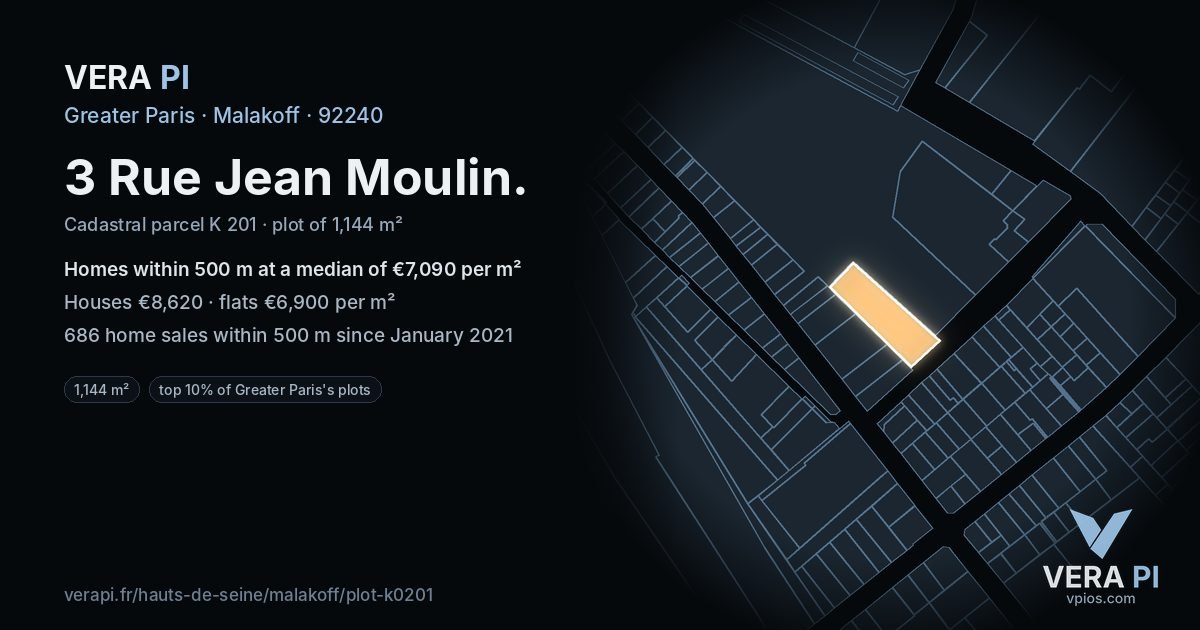 3 Rue Jean Moulin, Malakoff at night – the plot lit, the parcels around coloured by the prices near them