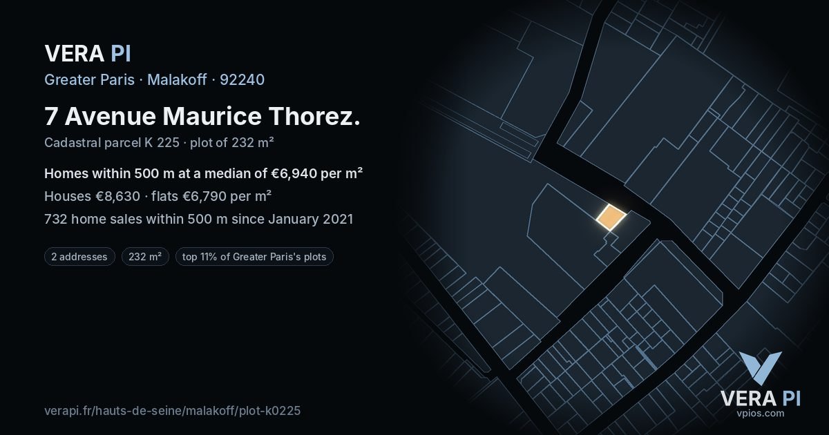 7 Avenue Maurice Thorez, Malakoff at night – the plot lit, the parcels around coloured by the prices near them