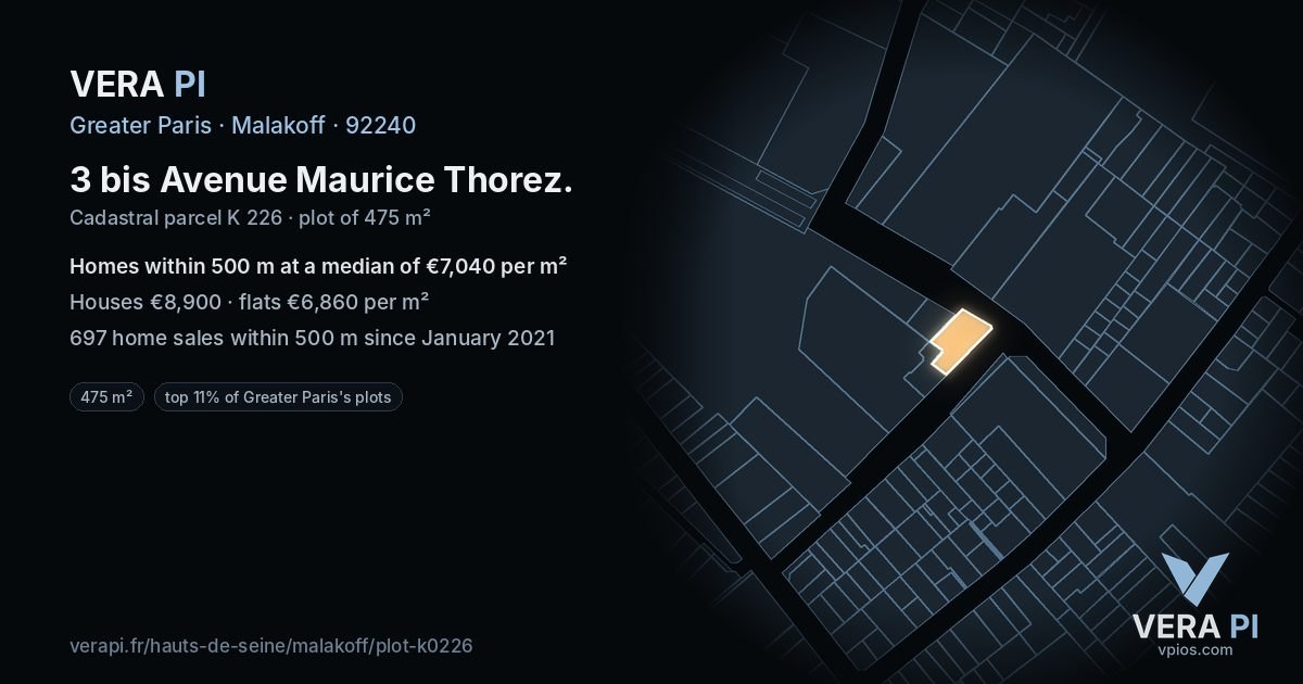 3 bis Avenue Maurice Thorez, Malakoff at night – the plot lit, the parcels around coloured by the prices near them