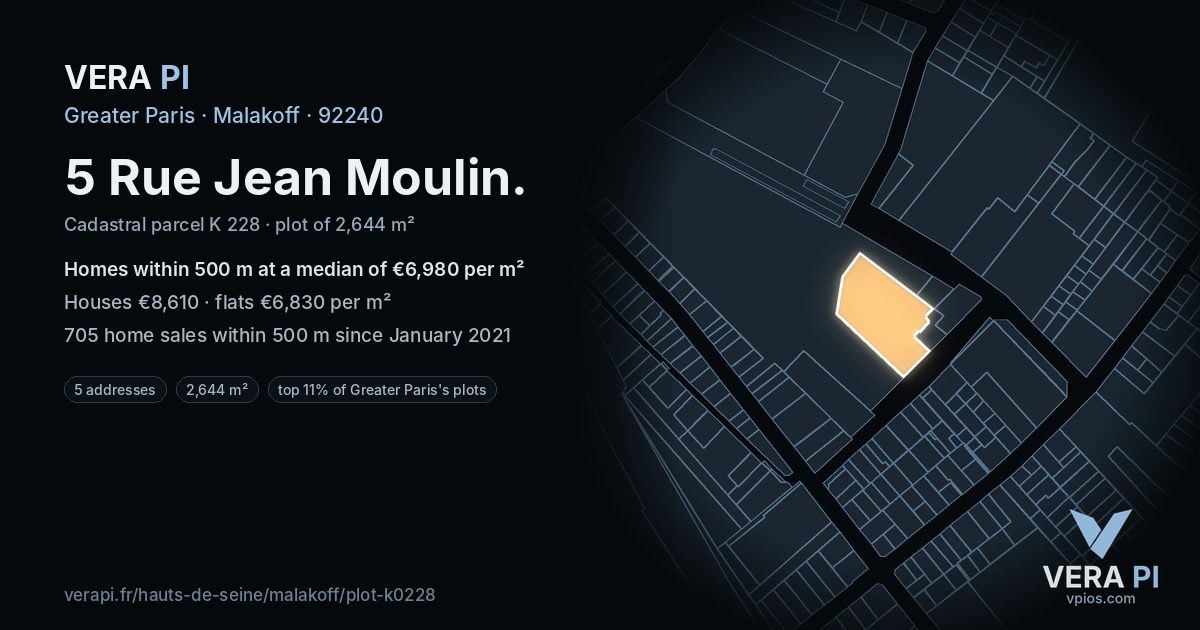 5 Rue Jean Moulin, Malakoff at night – the plot lit, the parcels around coloured by the prices near them